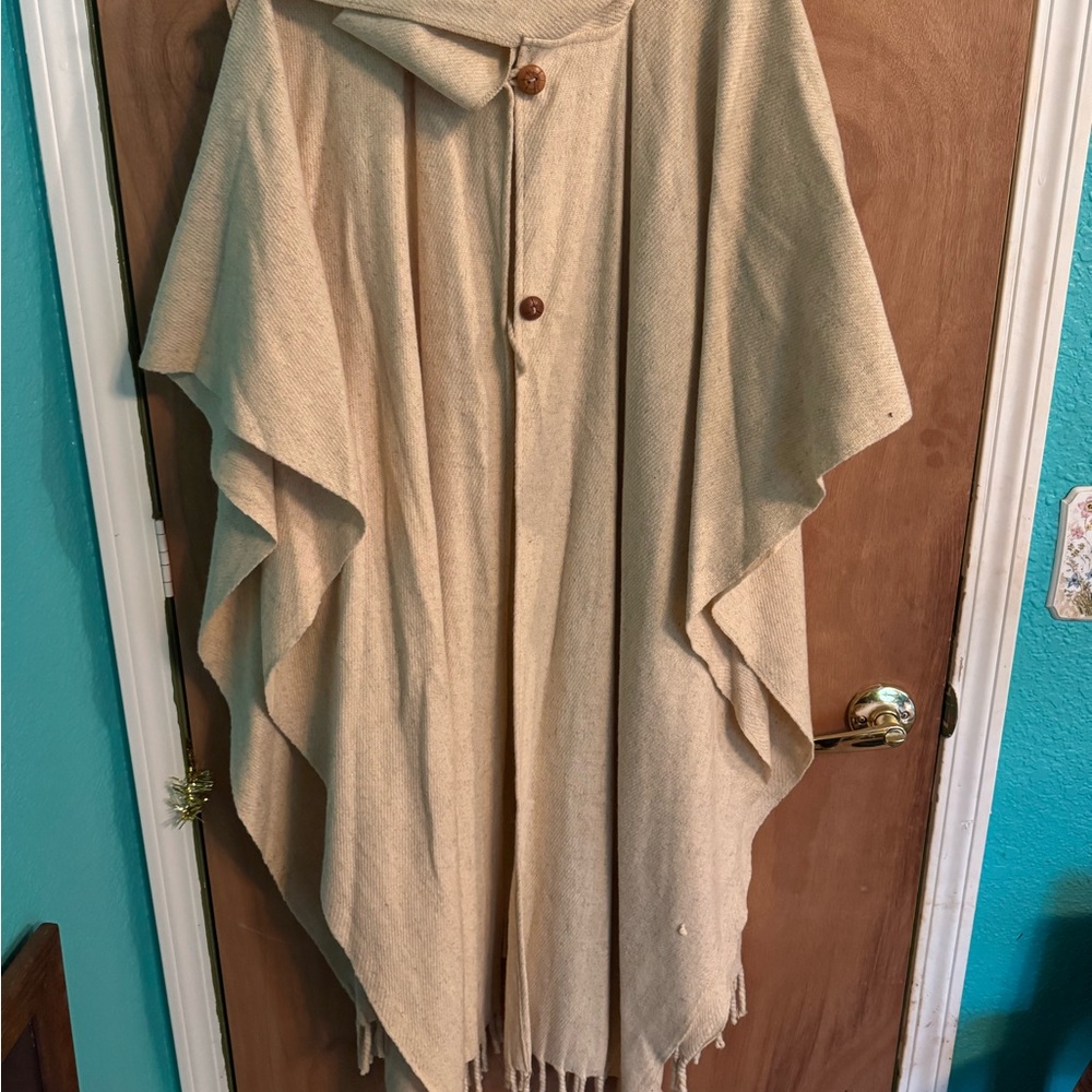 Beige Poncho with Wooden Buttons